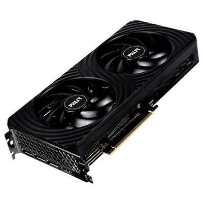 Grafikkarte mit zwei Lüftern von der Marke Palit. Schrägansicht zeigt Anschlüsse auf der Seite. Geeignet für PC-Hardware.<br><br>