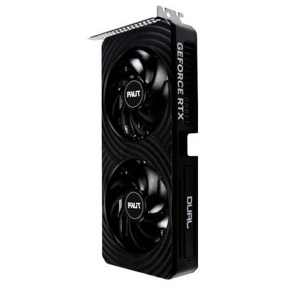 Eine schwarze Grafikkarte mit der Aufschrift 'Palit GeForce RTX DUAL', ausgestattet mit zwei Lüftern zur Kühlung.