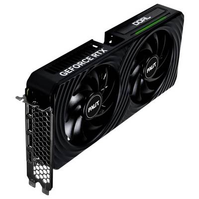 Schwarze Palit GeForce RTX Grafikkarte mit zwei Lüftern und mehreren Anschlussmöglichkeiten an der Seite, seitliche Ansicht.