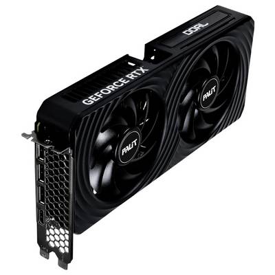 Schwarze Palit GeForce RTX Grafikkarte mit zwei Lüftern, mehreren Ausgängen und Doppelslot-Design.