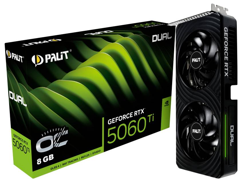 Grafikkarte Palit GeForce RTX 5060 Ti DUAL mit 8 GB neben der Verpackung, auf der Funktionen wie Ray Tracing und Reflex hervorgehoben sind.