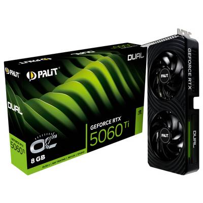 Grafikkarte Palit GeForce RTX 5060 Ti DUAL mit 8 GB neben der Verpackung, auf der Funktionen wie Ray Tracing und Reflex hervorgehoben sind.