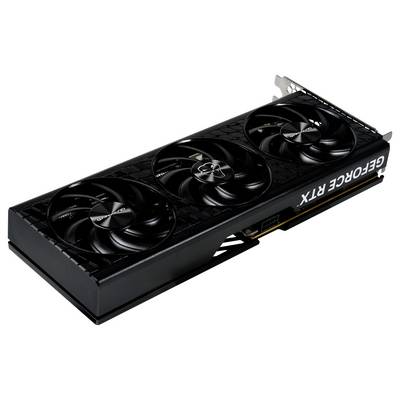 Schwarze Grafikkarte mit drei Lüftern, rechteckigem Design und der Aufschrift 'GEFORCE RTX'.