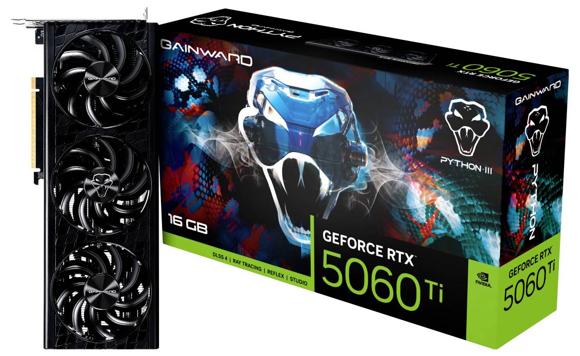 Eine Gainward GeForce RTX 5060 Ti Grafikkarte neben ihrer Verpackung mit Python-Design. 16 GB Speicher, ideal für Gaming.