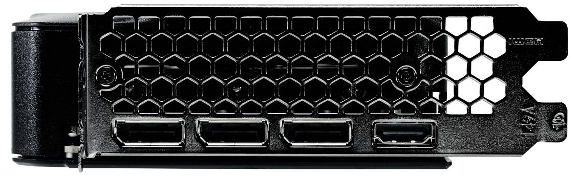 Schwarze Computer-Grafikkartenanschlüsse mit vier HDMI-Anschlüssen und einem belüfteten Gitter auf der rechten Seite zur Luftzirkulation.