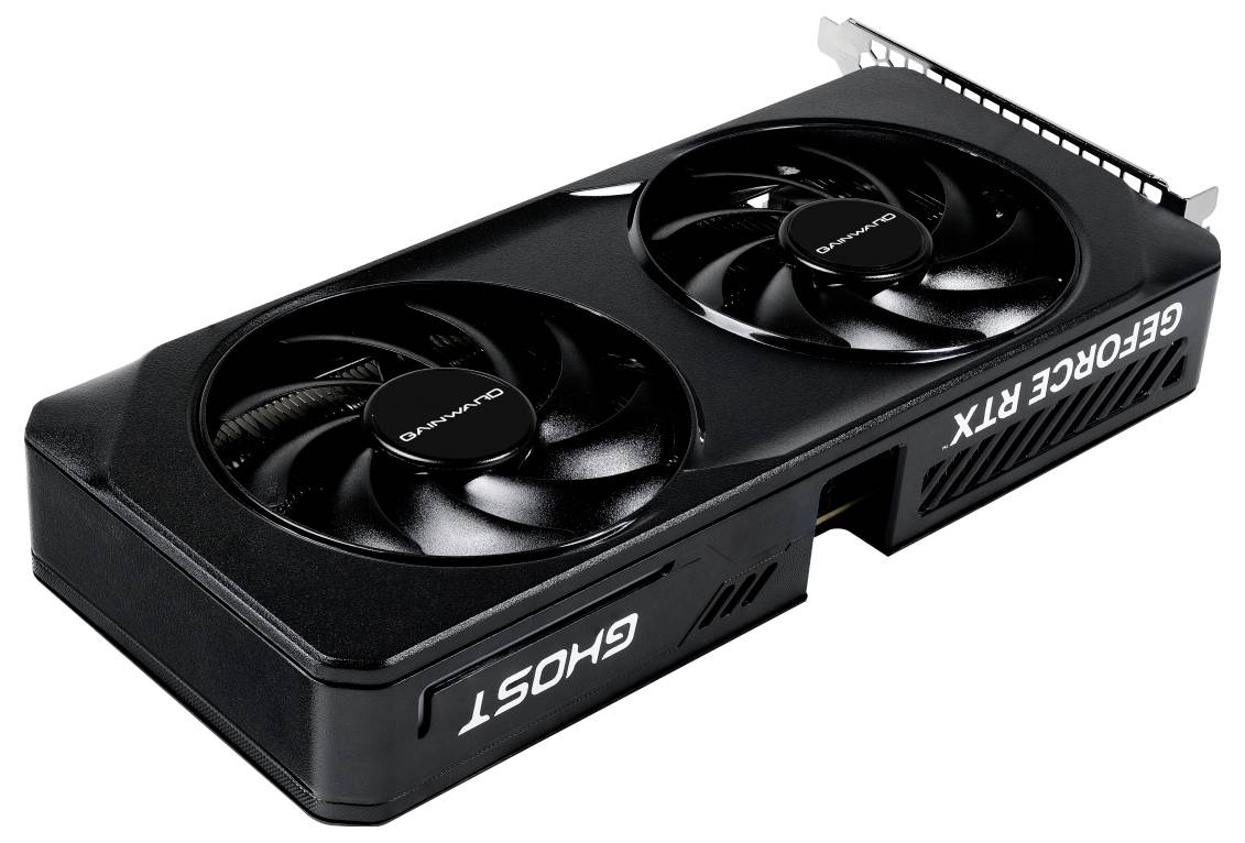 Schwarze Grafikkarte mit zwei Lüftern, Aufschrift 'GEFORCE RTX GHOST' an der Seite.