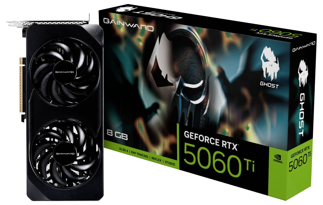 Eine Gainward GeForce RTX 5060 Ti Grafikkarte neben ihrer Verpackung, die technische Details wie '8 GB' und 'GHOST' zeigt.