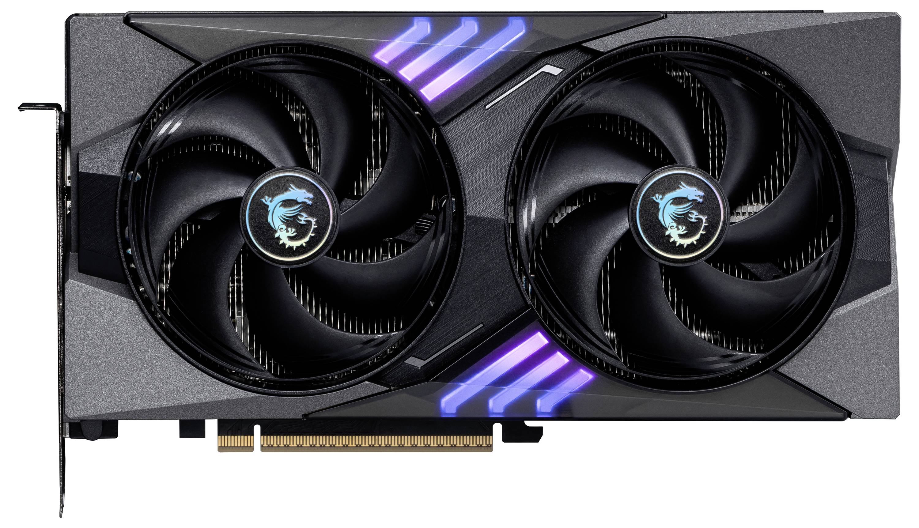 Schwarze Grafikkarte mit zwei großen Lüftern und leuchtenden Streifen.