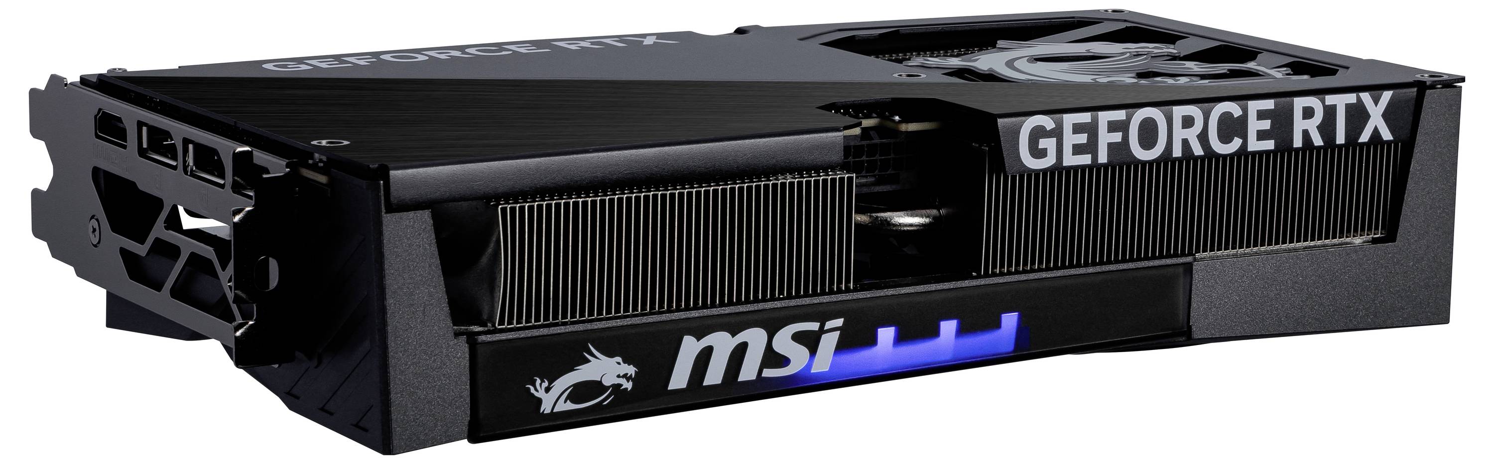 Eine MSI GeForce RTX Grafikkarte mit schwarzem Gehäuse, Lüfter und RGB-Beleuchtung.