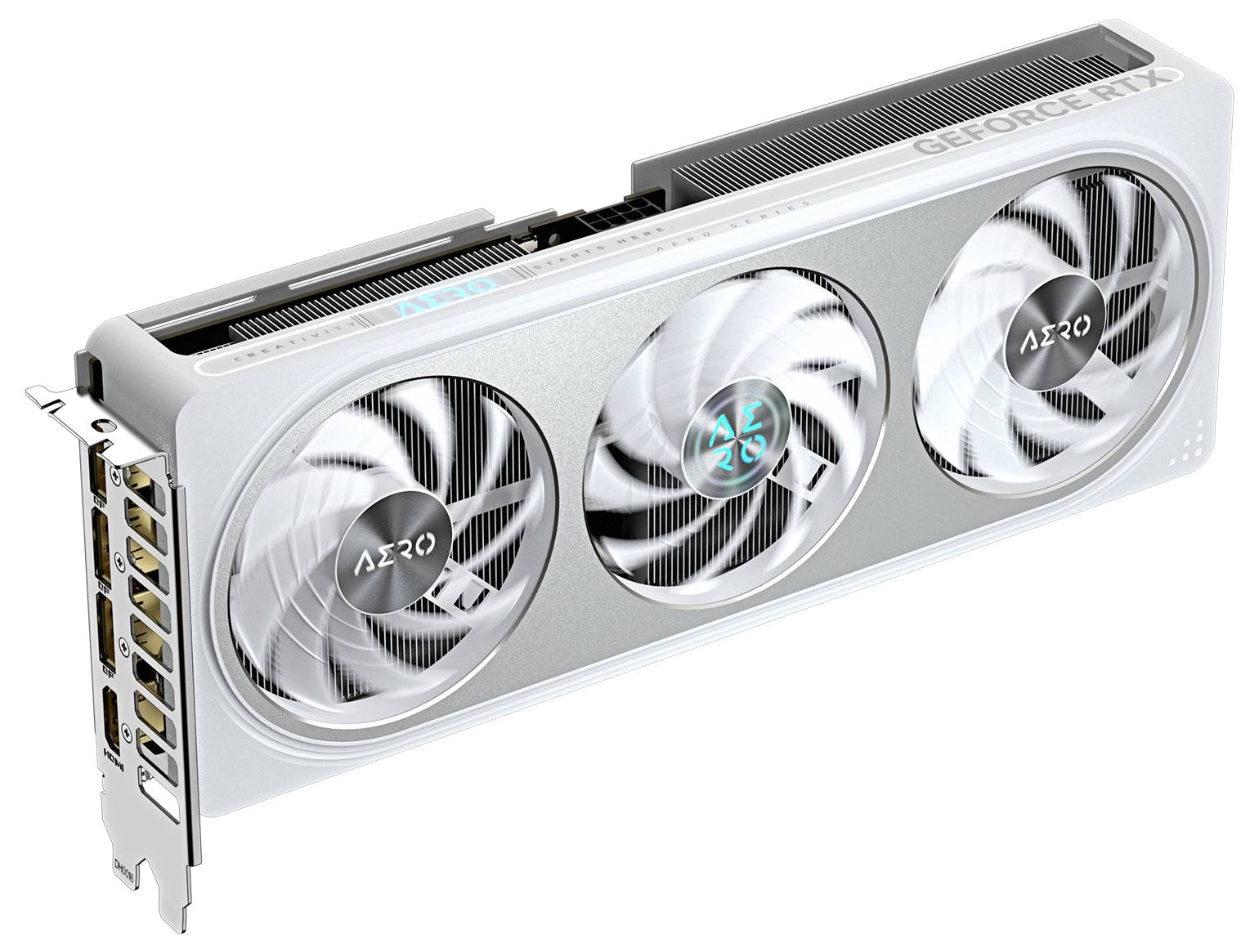 Grafikkarte mit drei Lüftern, GeForce RTX-Logo in der Ecke. Sie hat Anschlüsse für HDMI und DisplayPort auf der linken Seite.