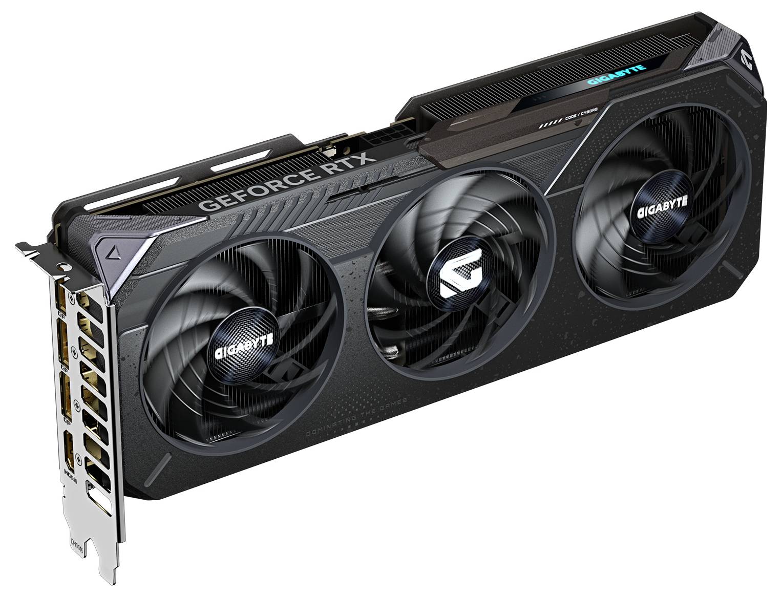 Eine schwarze Grafikkarte mit drei Lüftern von Gigabyte, Modell 'GeForce RTX'. Links sind verschiedene Anschlussports sichtbar.