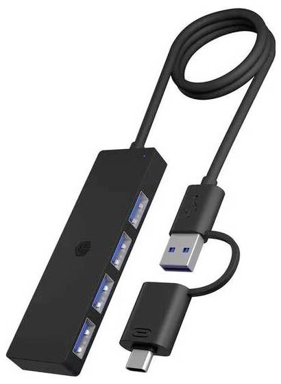 Ein schwarzer USB-Hub mit vier USB-Anschlüssen und Kabeln für USB-C und USB-A, geeignet für die Verbindung mehrerer Geräte.