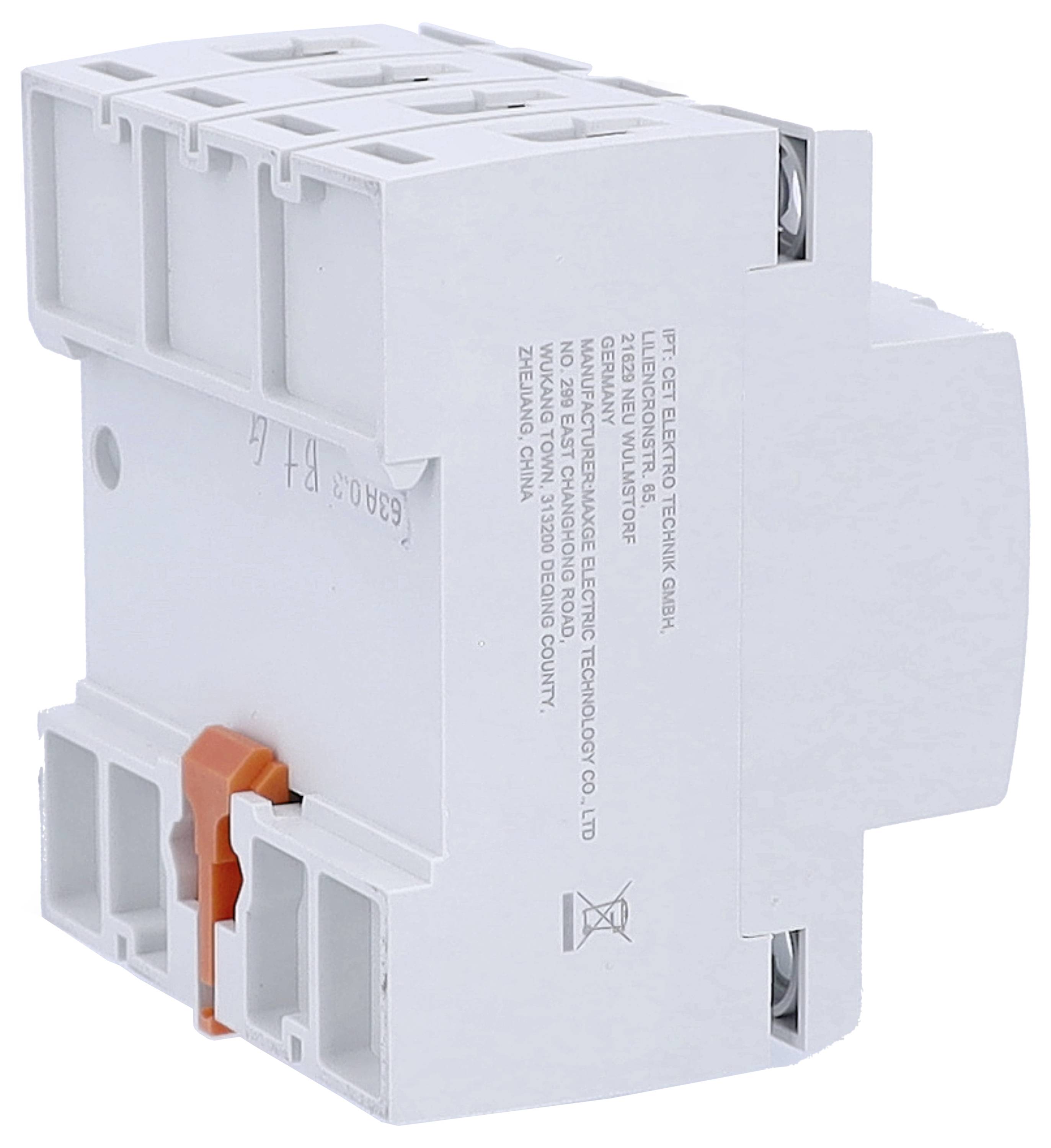 Elektronisches Gerät mit mehreren Anschlussklemmen und einem orangefarbenen Hebel an der Seite, möglicherweise für DIN-Schienenmontage geeignet.