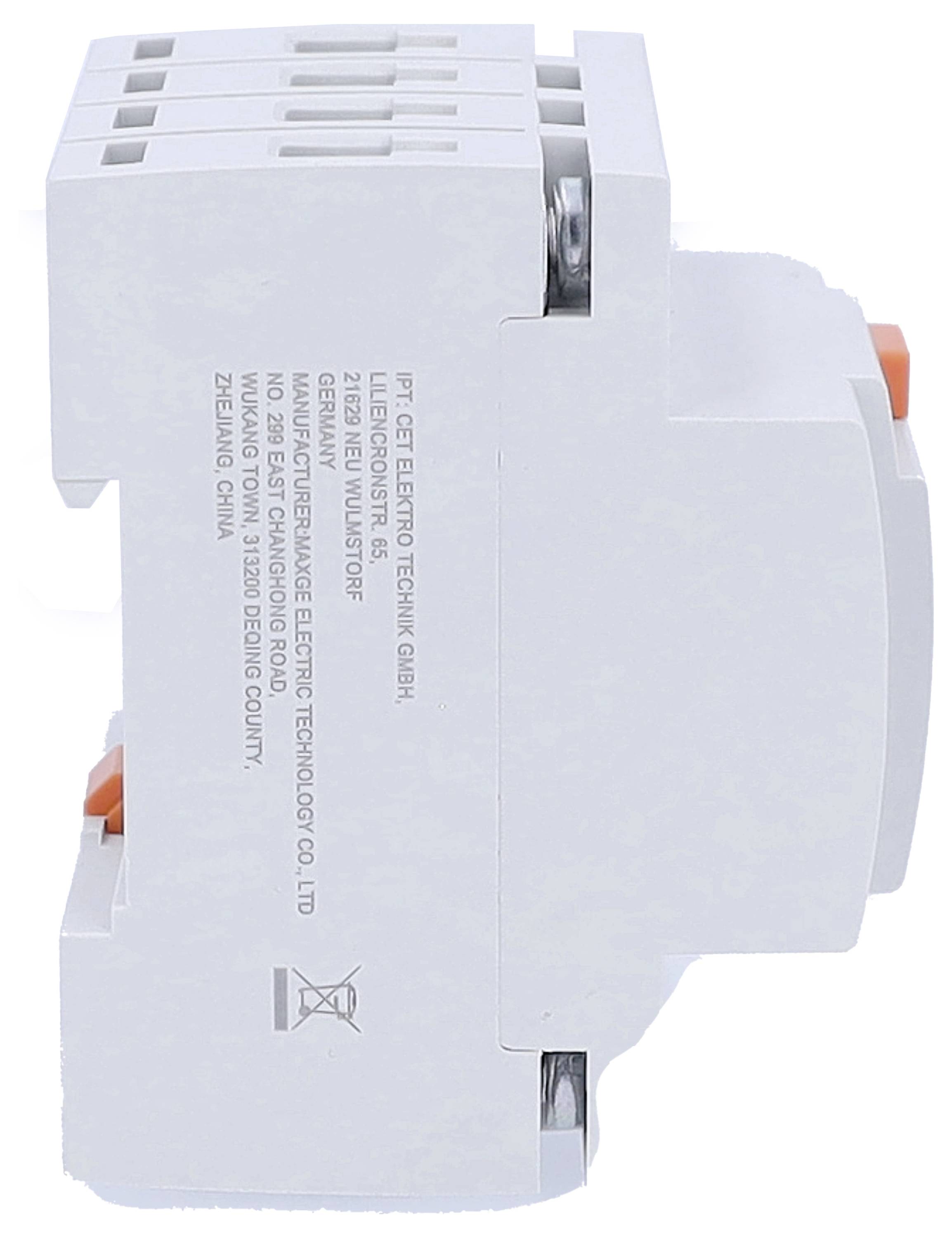 Grau-weißer elektrischer Bauteil mit mehreren Eingängen und orangefarbenen Schrauben; seitlich mit Herstellerinfos beschriftet.