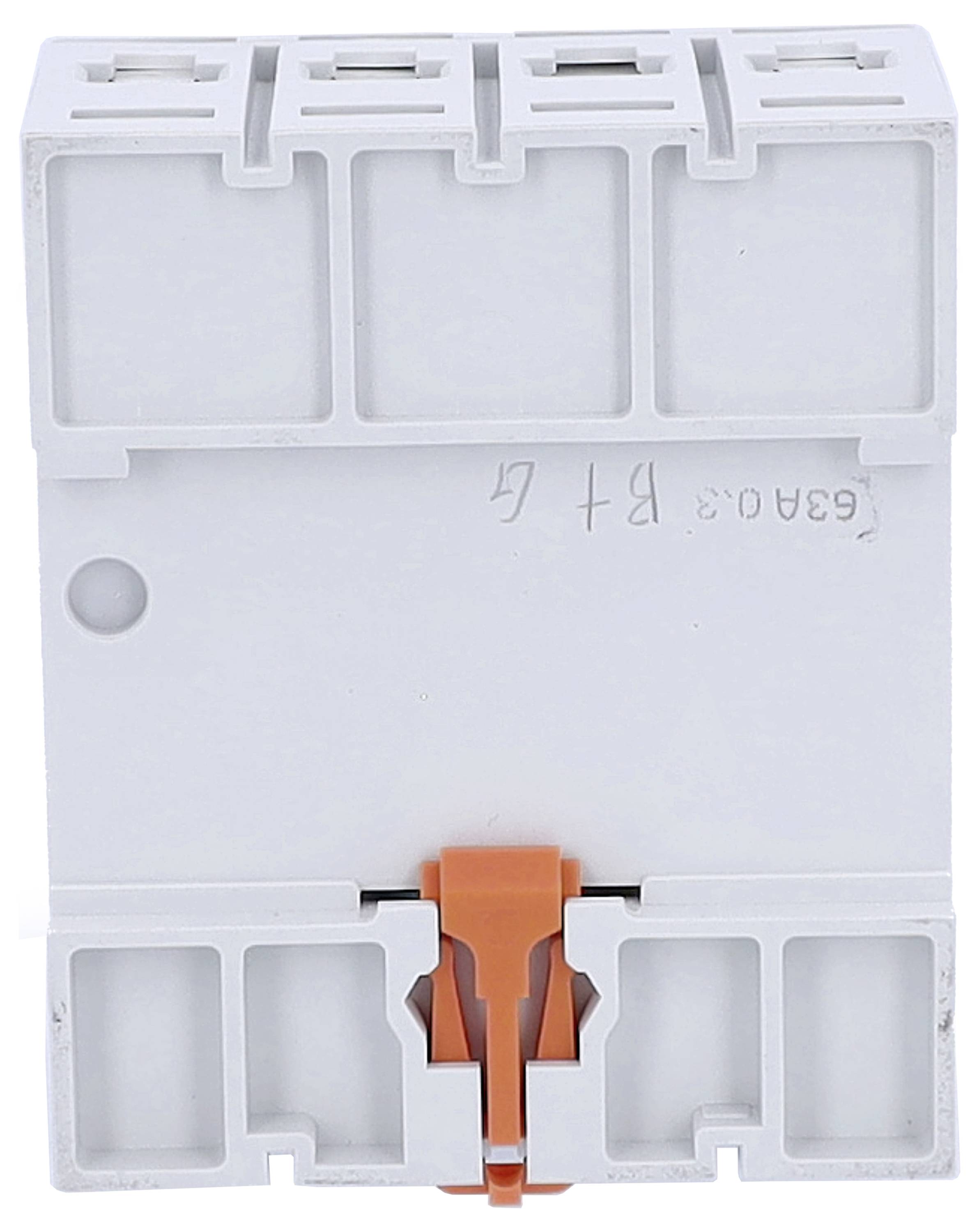 Elektrische Anschlussklemme in Weiß mit orangener Befestigung, quadratische Form, mehrere Anschlussstellen sichtbar.