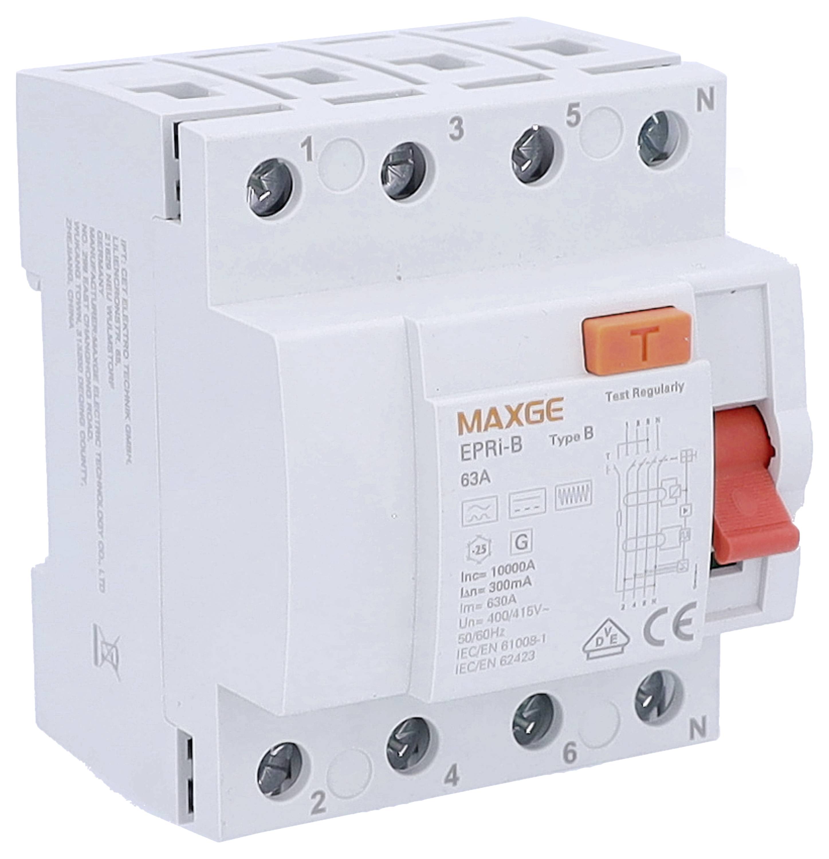 'MAXGE EPRi-B' Leistungsschalter, Typ B, 63A, zeigt roten Kippschalter oben, mit CE-Kennzeichnung auf der Vorderseite.
