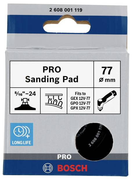 Verpackung einer Bosch PRO Schleifscheibe, 77 mm Durchmesser, geeignet für GEX 12V-77, GPO 12V-77, GPX 12V-77, betont Langlebigkeit.