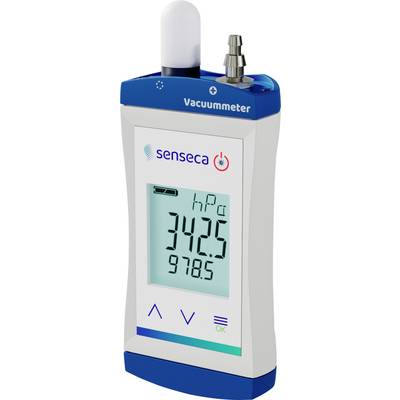 Digitales Vakuummeter mit LCD-Anzeige zeigt '3425 hPa'. Oben befinden sich Anschlüsse. Gerät von Senseca, geeignet für Vakuummessungen.