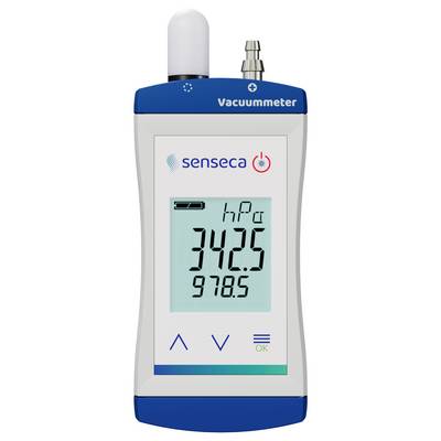 'Digitales Vakuummeter mit blauem Gehäuse zeigt 3425 und 978.5 an. Oben links ein Batterie-Symbol. Markenname und Bedientasten sichtbar.'