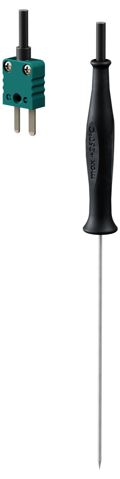 Temperaturfühler mit grünem Stecker und schwarzem Griff, geeignet zur Messung in verschiedenen Umgebungen.