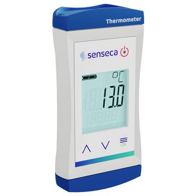 Ein digitales Thermometer mit großem Display zeigt '13.0 °C'. Es hat blaue Bedientasten und die Marke 'Senseca' ist sichtbar.