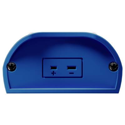 Blauer Kunststoffstecker mit zwei Anschlüssen, markiert mit Plus- und Minuszeichen, auf der Vorderseite.