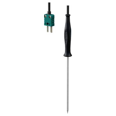 Thermometerfühler aus Edelstahl mit grünem Stecker und schwarzem Griff, geeignet für Temperaturmessungen in verschiedenen Anwendungen.