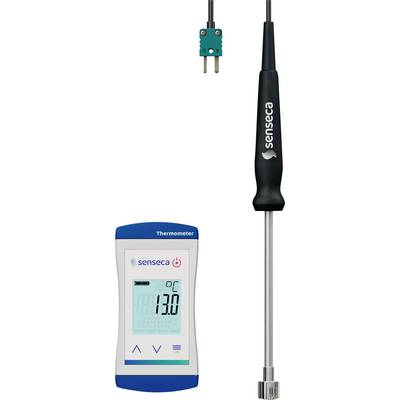 Thermometer mit digitalem Display zeigt 13°C. Verbunden mit einem Metallfühler und einem Kabelstecker, Markenname 'senseca' sichtbar.