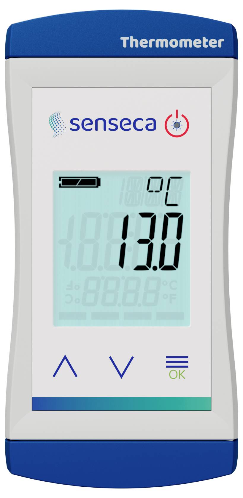 Digital-Thermometer-Display zeigt '13,0°C', mit Marke 'Senseca'. Steuerungstasten unter dem Bildschirm.