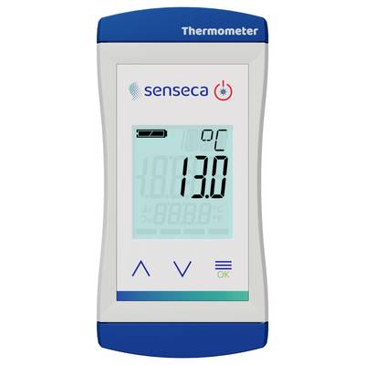 Digital-Thermometer-Display zeigt '13,0°C', mit Marke 'Senseca'. Steuerungstasten unter dem Bildschirm.