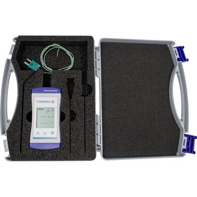 Ein offener Koffer mit einem Senseca-Thermometer mit Display und verschiedenen Sonden, die in Schaumstoffabteilen angeordnet sind.