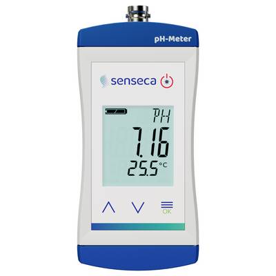 Ein tragbares digitales pH-Meter zeigt auf seinem Display 'pH 7,16' und '25,5 °C' an, mit Navigationstasten und einem Sensoranschluss oben.