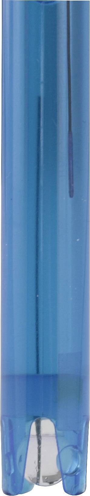 Ein blauer Kugelschreiber von der Seite, transparentes Gehäuse, zeigt die Tintenfüllung.