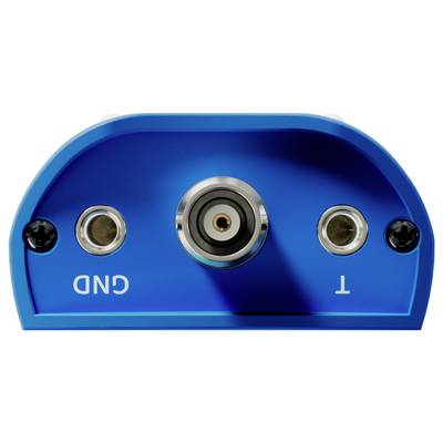 Ein blaues elektronisches Gerät mit drei kreisförmigen Anschlüssen, die auf seinem Frontpanel mit "CND" und "T" beschriftet sind. Der zentrale Anschluss ist größer und wird von zwei kleineren Anschlüssen umgeben.