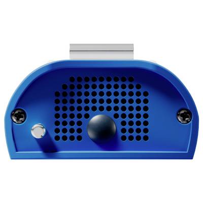 Eine blaue, halbkreisförmige mechanische Komponente mit einem schwarzen Knopf in der Mitte und Belüftungslöchern, von vorne betrachtet.
