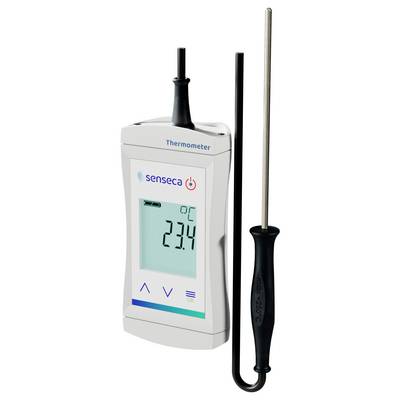 Elektronisches Thermometer mit Displayanzeige von 23,4°C. Links eine Metallsonde mit schwarzem Griff.