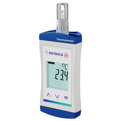 Ein digitales Thermometer zeigt eine Temperatur von 23,4 Grad Celsius an. Mit blauem Gehäuse und weßem Hintergrund.