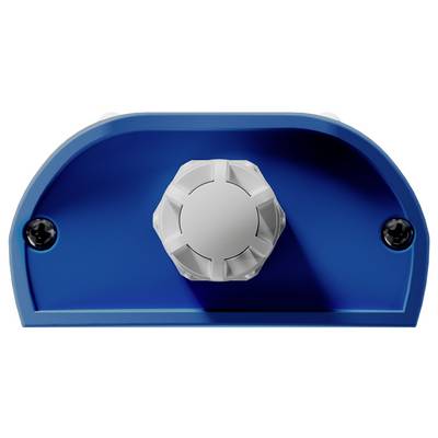Blauer Schutzdeckel mit zentralem weißen Drehknopf, flankiert von zwei schwarzen Schrauben.