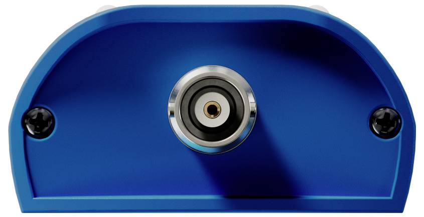 Ein blaues mechanisches Teil mit einer zentralen kreisförmigen Komponente, die einer Linse oder einem Sensor ähnelt, und zwei Schrauben an beiden Seiten.