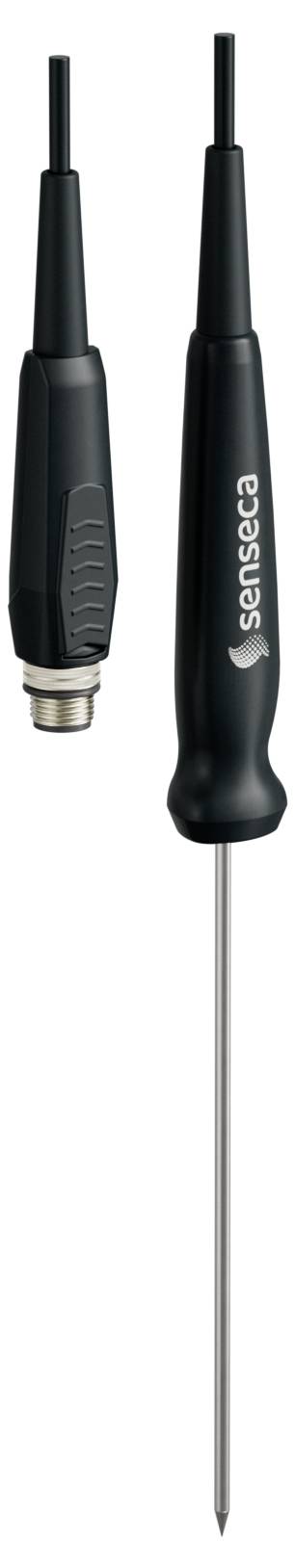 Eine schwarze Temperatursonde mit einer spitzen Metallspitze, beschriftet mit ‚SENSERA', die für präzise Temperaturmessungen verwendet wird.