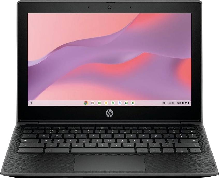 Ein schwarzer Laptop mit geöffneter Abdeckung zeigt einen Bildschirm mit einem rosa Farbverlauf und der Benutzeroberfläche eines Betriebssystems.