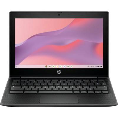 Ein schwarzer Laptop mit geöffneter Abdeckung zeigt einen Bildschirm mit einem rosa Farbverlauf und der Benutzeroberfläche eines Betriebssystems.