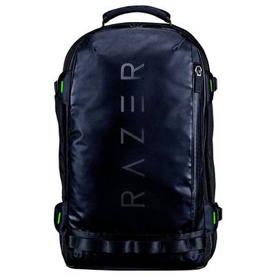 Schwarzer Rucksack mit dem Logo 'RAZER' auf der Vorderseite. Er hat grüne Details und sieht aus wie ein langlebiger, moderner Rucksack.