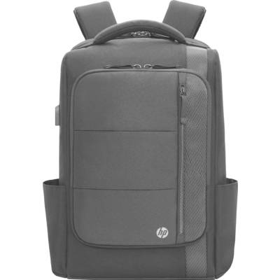 Grauer Rucksack mit mehreren Taschen und Reißverschlüssen, HP-Logo unten.