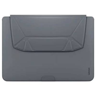 Eine graue Laptop-Hülle mit gefaltetem Flap-Design. Die Marke 'Lenovo' ist unten rechts eingeprägt.