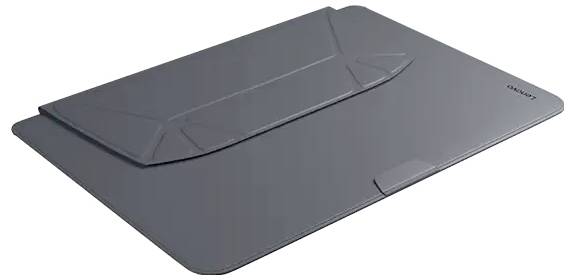 Schwarze Laptop-Hülle aus Leder, rechteckige Form, Klappverschluss.