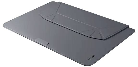 Schwarze Laptophülle mit faltbarem Ständer und Logo in der Ecke, geeignet für Lenovo-Geräte.