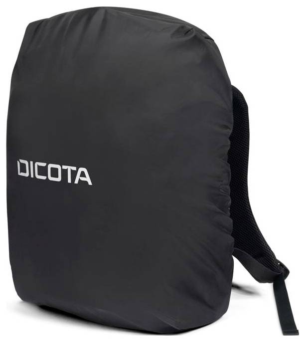Ein schwarzer Rucksack mit einer Abdeckung, die den Schriftzug 'DICOTA' zeigt. Der Rucksack hat gepolsterte Schultergurte.