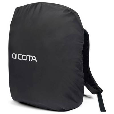 Ein schwarzer Rucksack mit einer Abdeckung, die den Schriftzug 'DICOTA' zeigt. Der Rucksack hat gepolsterte Schultergurte.