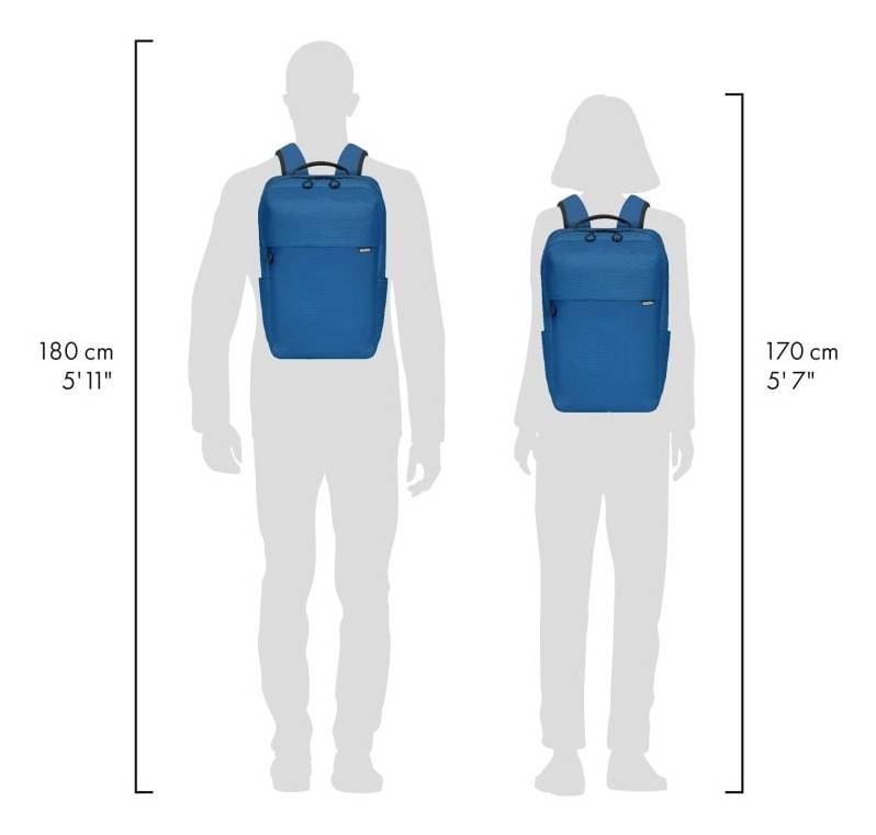 Zwei Rucksäcke in Blau auf Silhouetten von Personen. Links männliche Silhouette, 180 cm, rechts weibliche Silhouette, 170 cm.